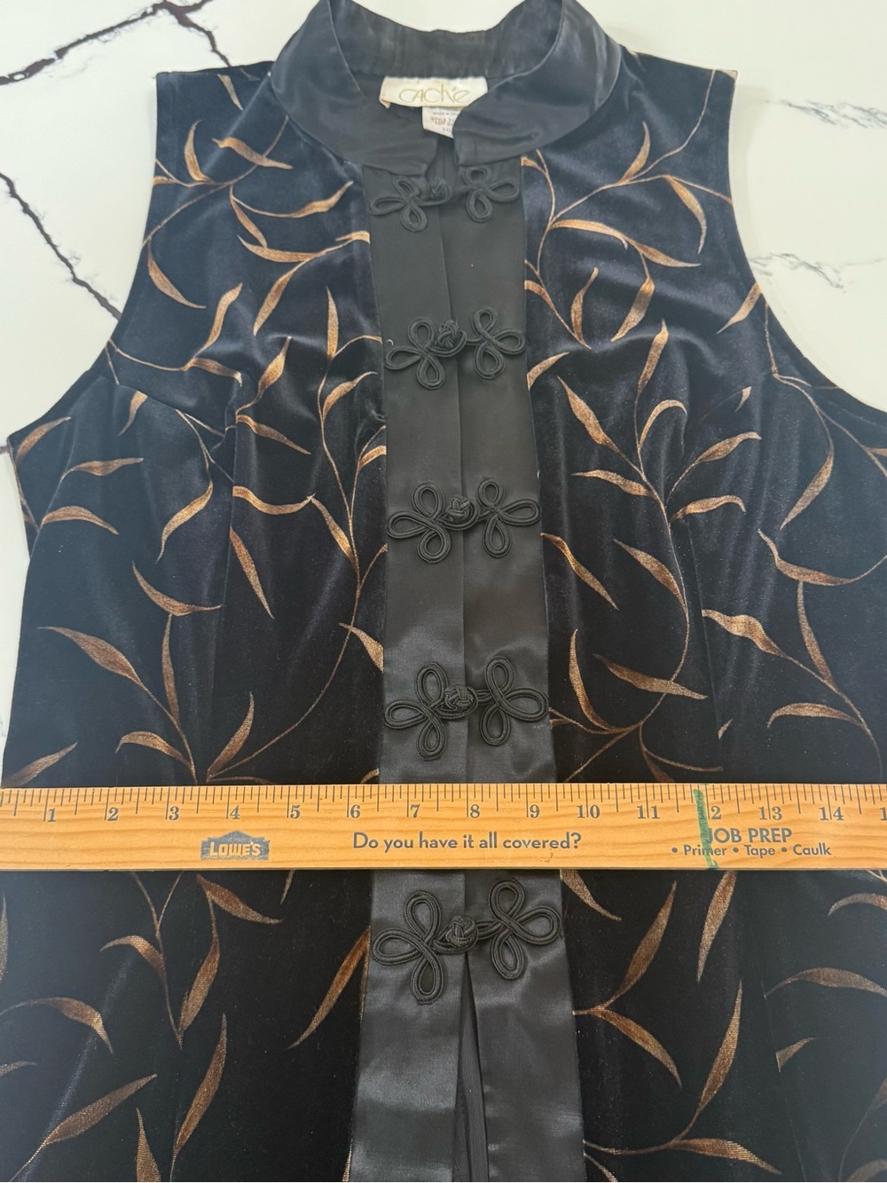 1990’s Sleeveless Black Velvet Long Duster with Gold Leaf Motif - Picture 8 of 8